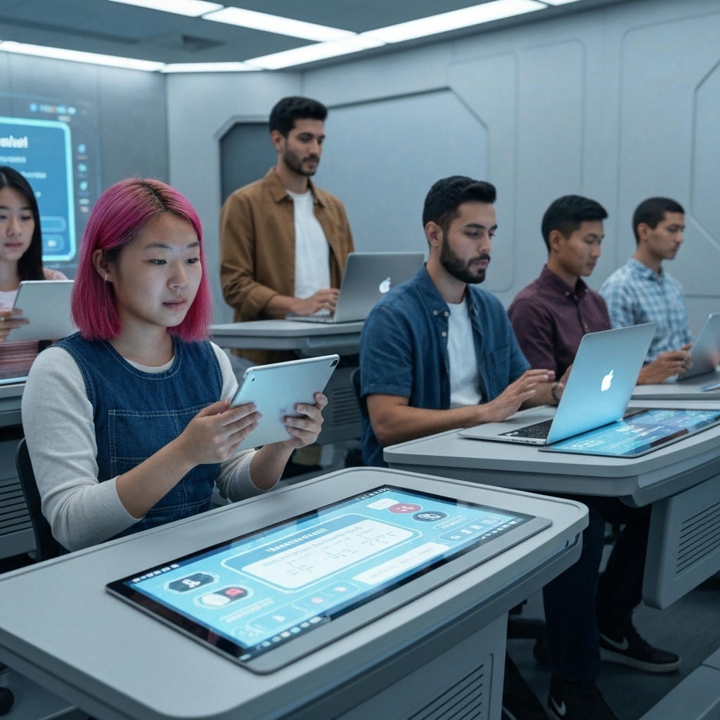 a futuristic classroom with a diverse group of students using tablets and laptops, each seeing customized math and language lessons displayed through an AI interface, soft glowing light highlights digital interaction