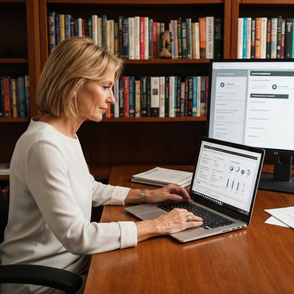 a teacher sitting at a desk reviewing lesson plans on a laptop while an AI assistant displays automated grade reports and attendance summaries on a secondary screen, warm office lighting with books in the background