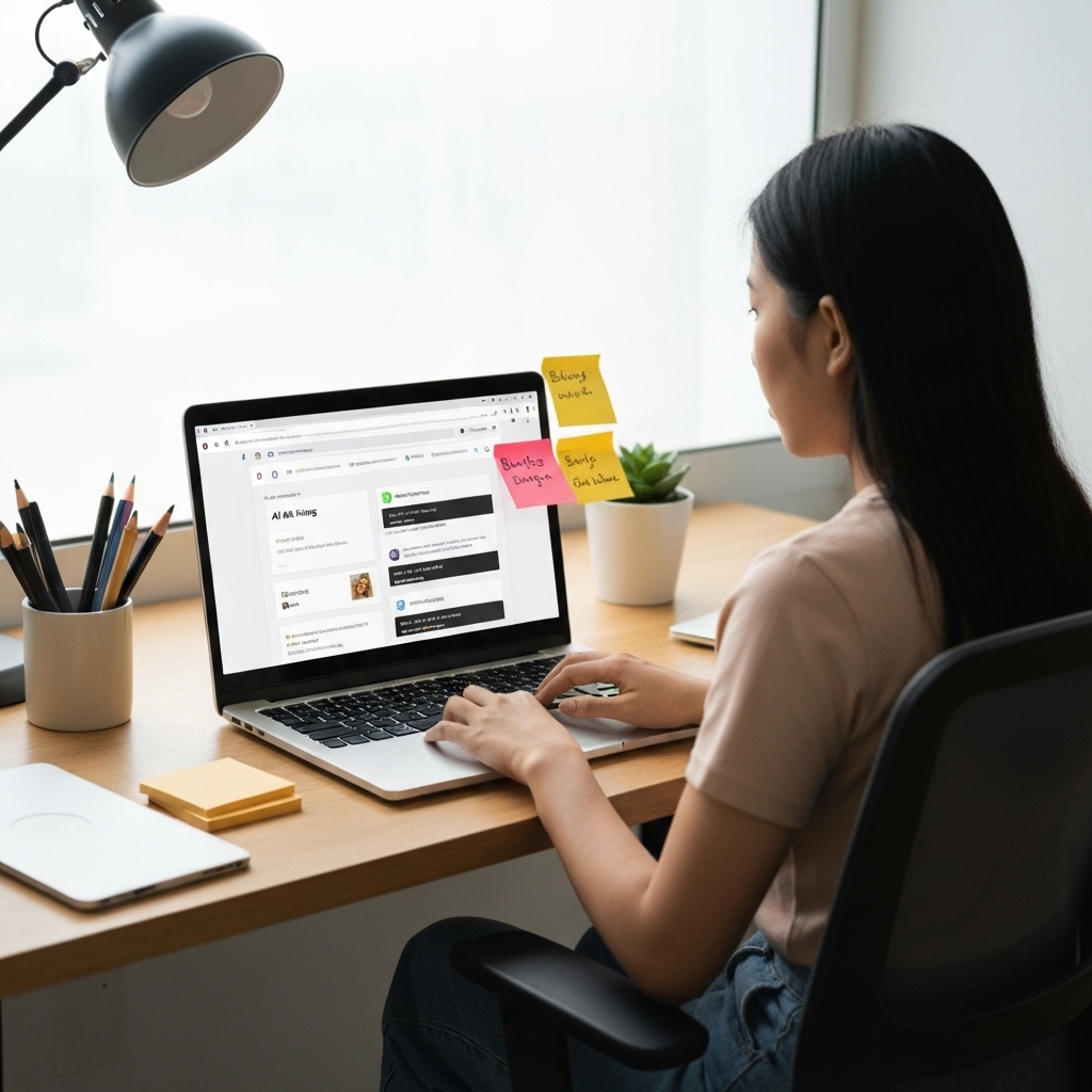 a modern desktop setup showing a blogger working on a laptop with multiple AI writing tools open in browser tabs, sticky notes with blog ideas around the screen, soft daylight lighting