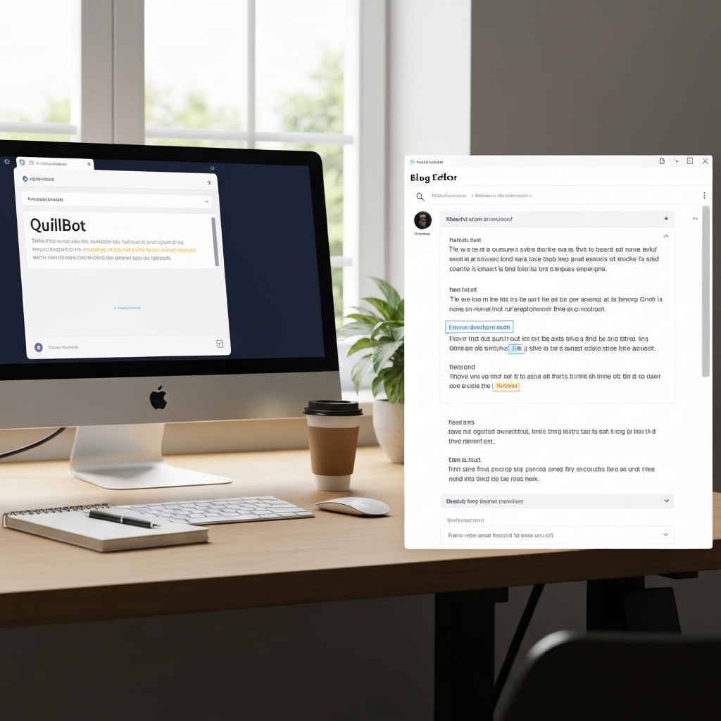 a split-screen view showing QuillBot on the left with a rewritten paragraph, and a blog editor on the right incorporating the revised text, set on a minimalist desk with a notebook and coffee cup