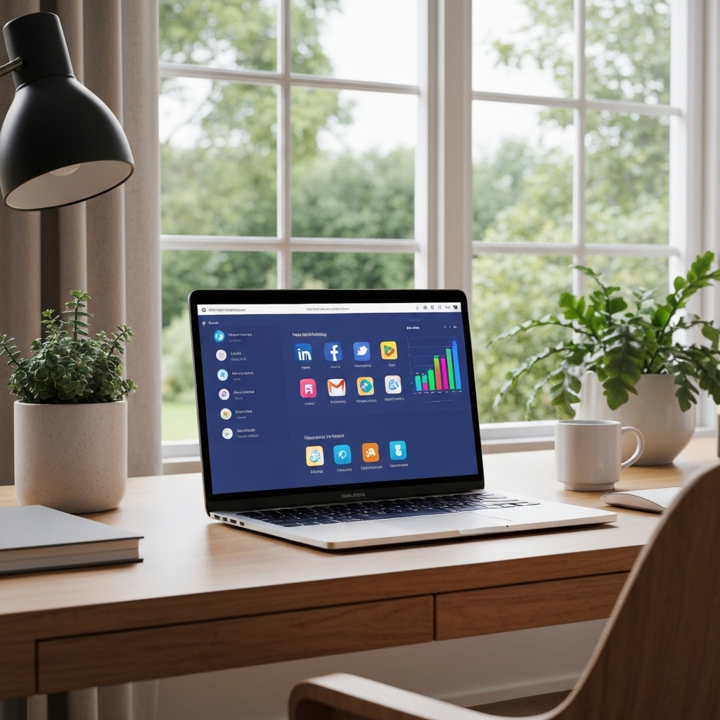 a modern home office setup with a laptop showing AI-powered marketing dashboard, colorful analytics charts, and icons representing social media, email, and SEO tools