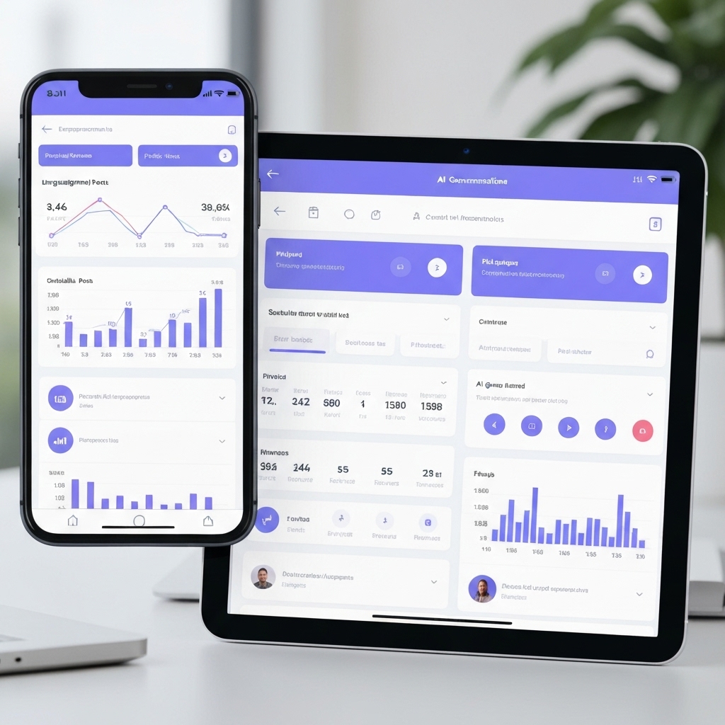 a smartphone and tablet displaying social media analytics dashboards with engagement graphs, scheduled posts, and AI-generated recommendations on screen