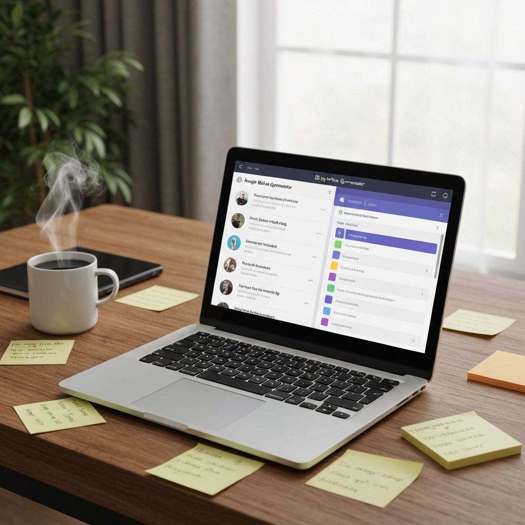 a digital workspace showing a laptop screen with an AI blog idea generator interface, surrounded by sticky notes and a coffee cup on a wooden desk