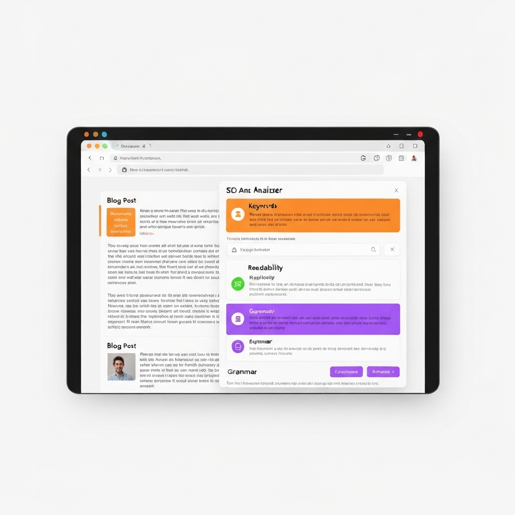 a browser window displaying an AI-powered SEO analyzer highlighting a blog post with color-coded suggestions for keywords, readability, and grammar