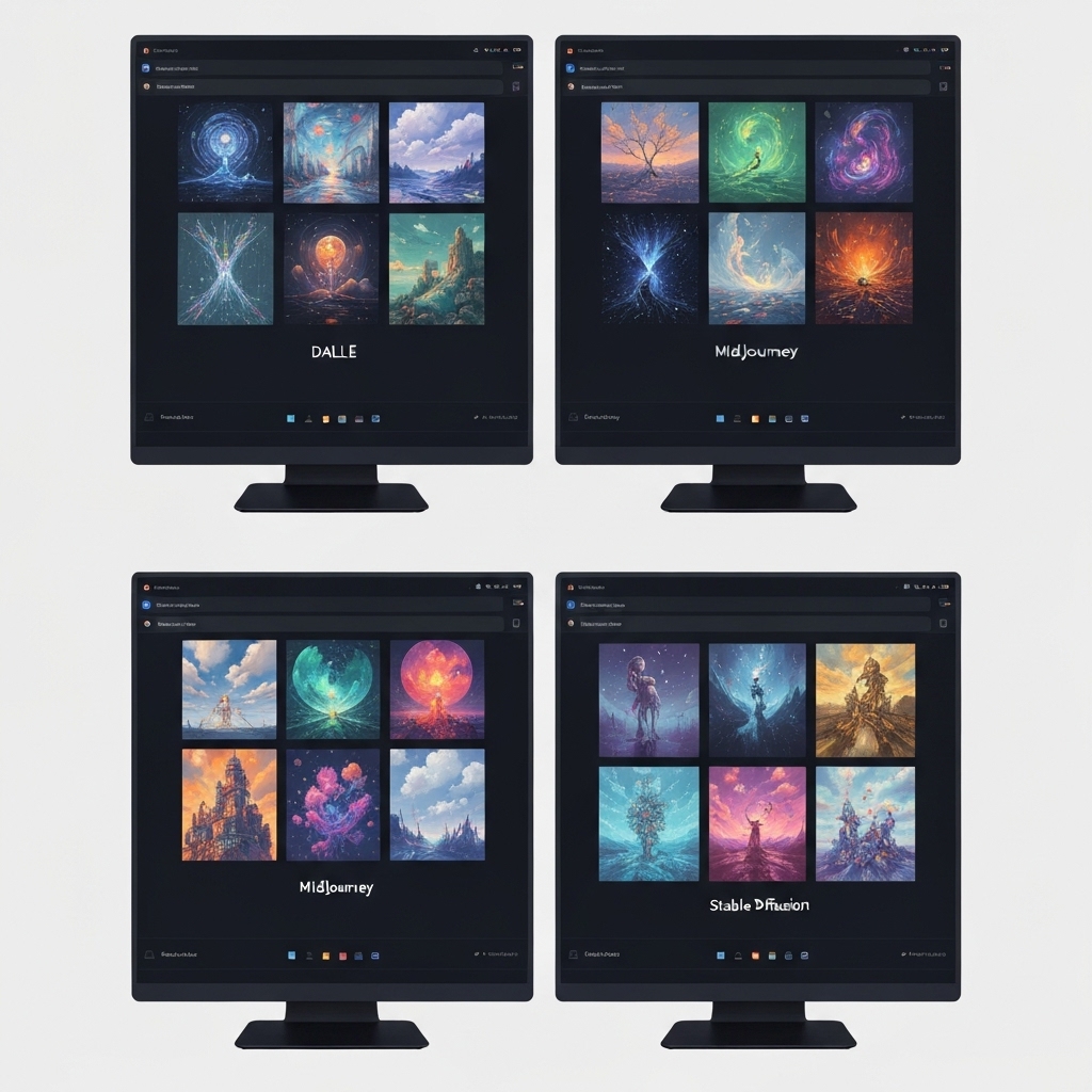a split-screen desktop view showing three AI art platforms: DALL·E, MidJourney, and Stable Diffusion, each displaying different generated artworks from similar prompts