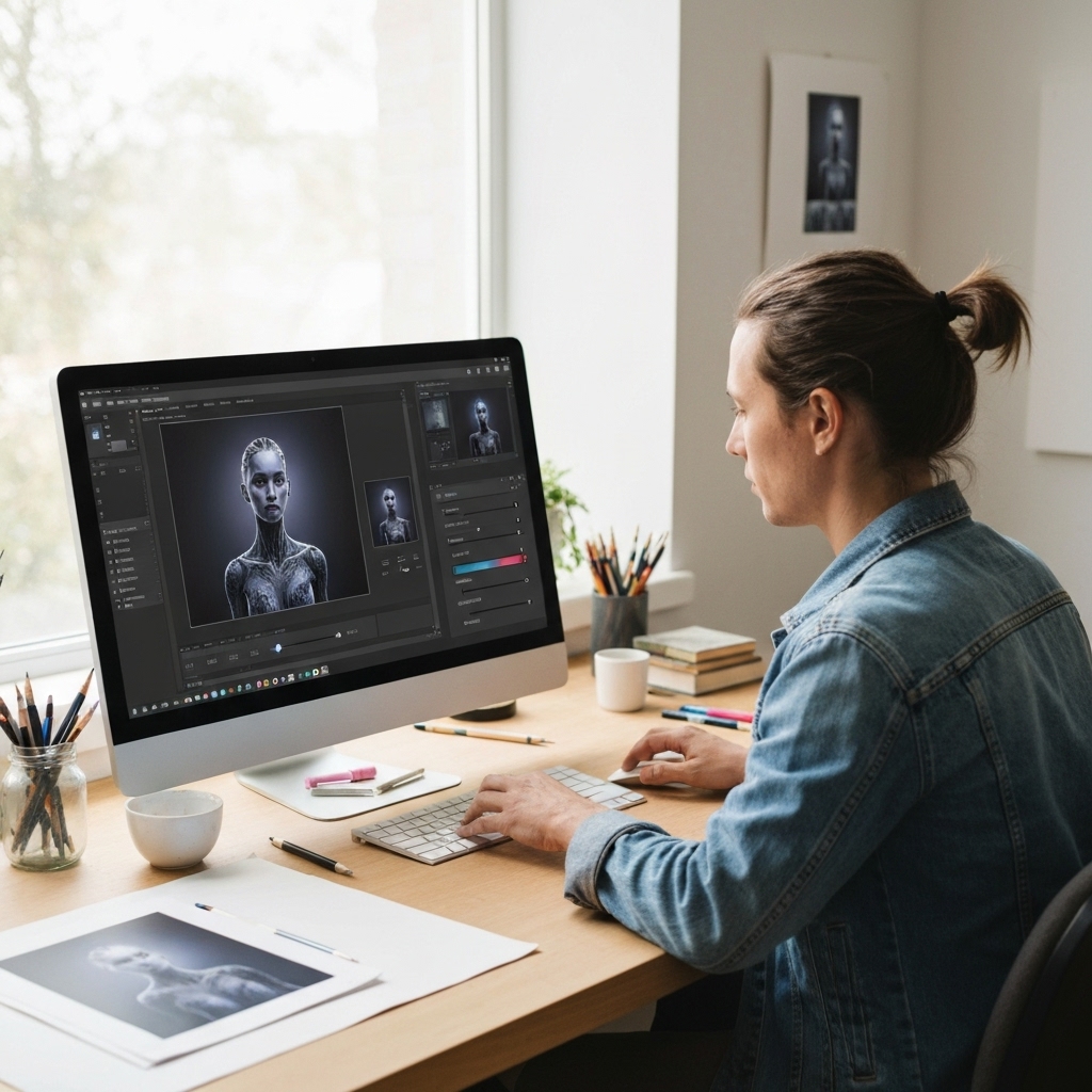 a digital artist refining an AI-generated image on a computer screen, using sliders and text inputs to adjust lighting, texture, and composition, with multiple image variations displayed around the main canvas