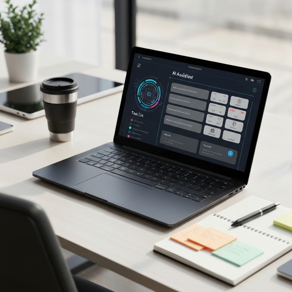 a modern office desk with a laptop showing an AI assistant interface organizing a digital calendar, task list, and email drafts, surrounded by a notebook and coffee cup in soft daylight