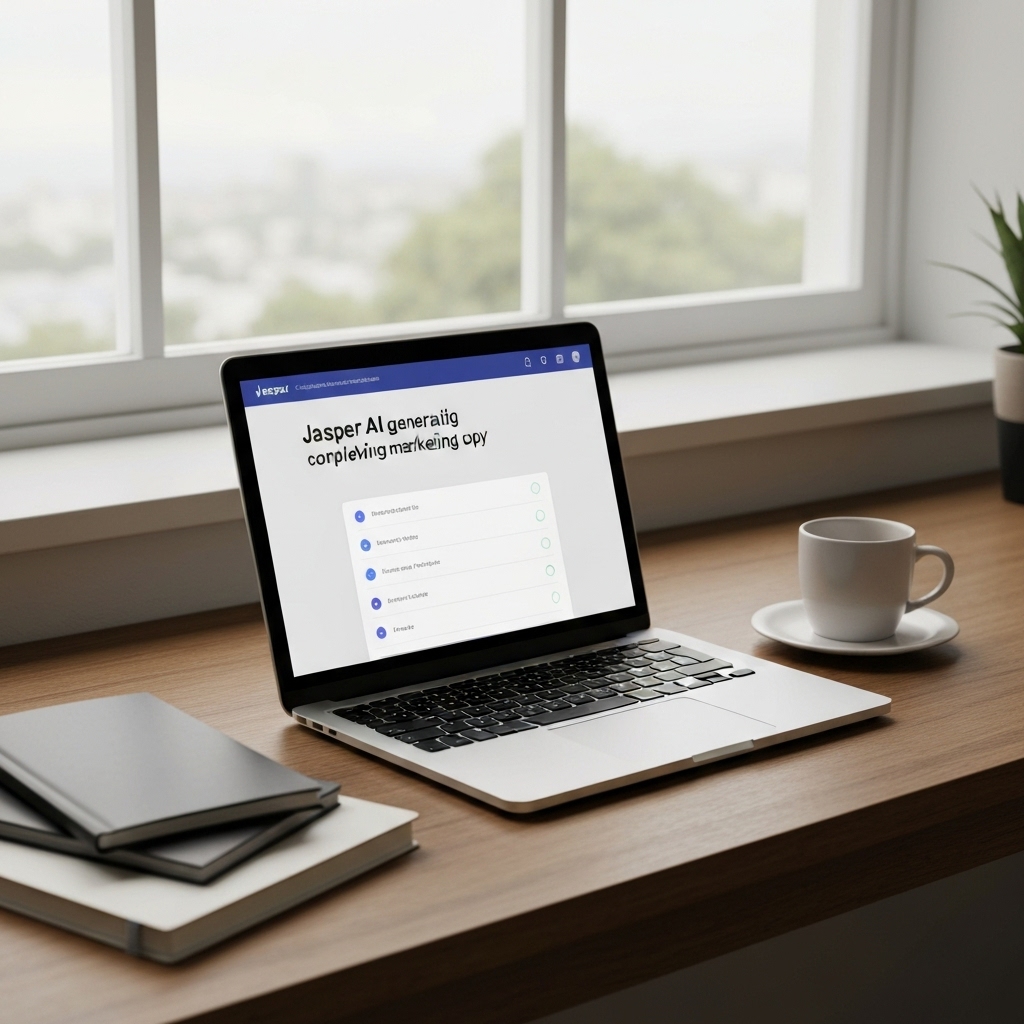 a modern digital workspace showing a laptop screen with the Jasper AI interface generating marketing copy, surrounded by notebooks and a coffee cup on a wooden desk near a window with natural light