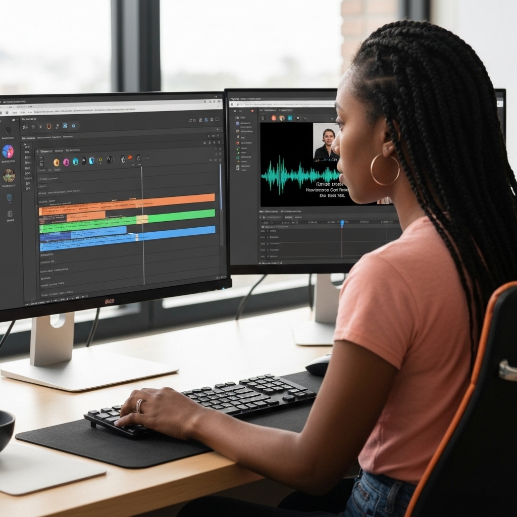 a freelance video editor using Descript on a dual-monitor setup, with one screen showing a timeline being edited via text and the other displaying a preview of a podcast video with waveform and subtitle overlays