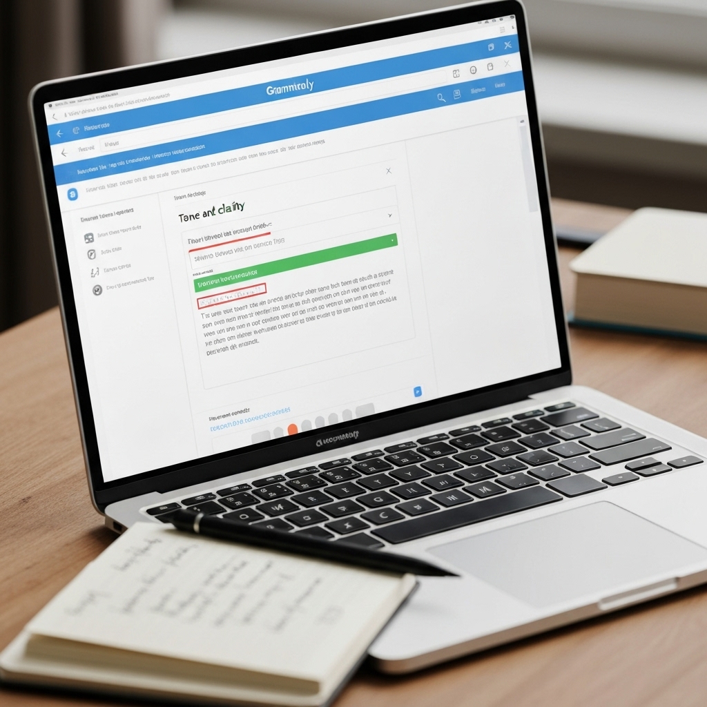 a close-up of a laptop screen showing Grammarly's interface as it highlights tone and clarity suggestions in an email draft, with a stylus and notebook nearby indicating active editing