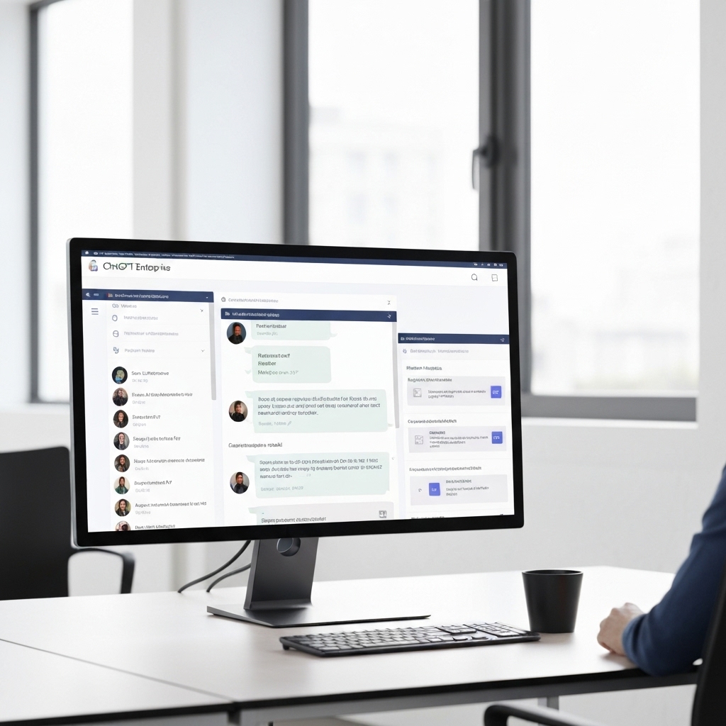 a modern office workspace showing a large monitor displaying the ChatGPT Enterprise interface with multiple chat windows open, handling customer queries, generating reports, and writing code snippets, with a clean UI and real-time collaboration features