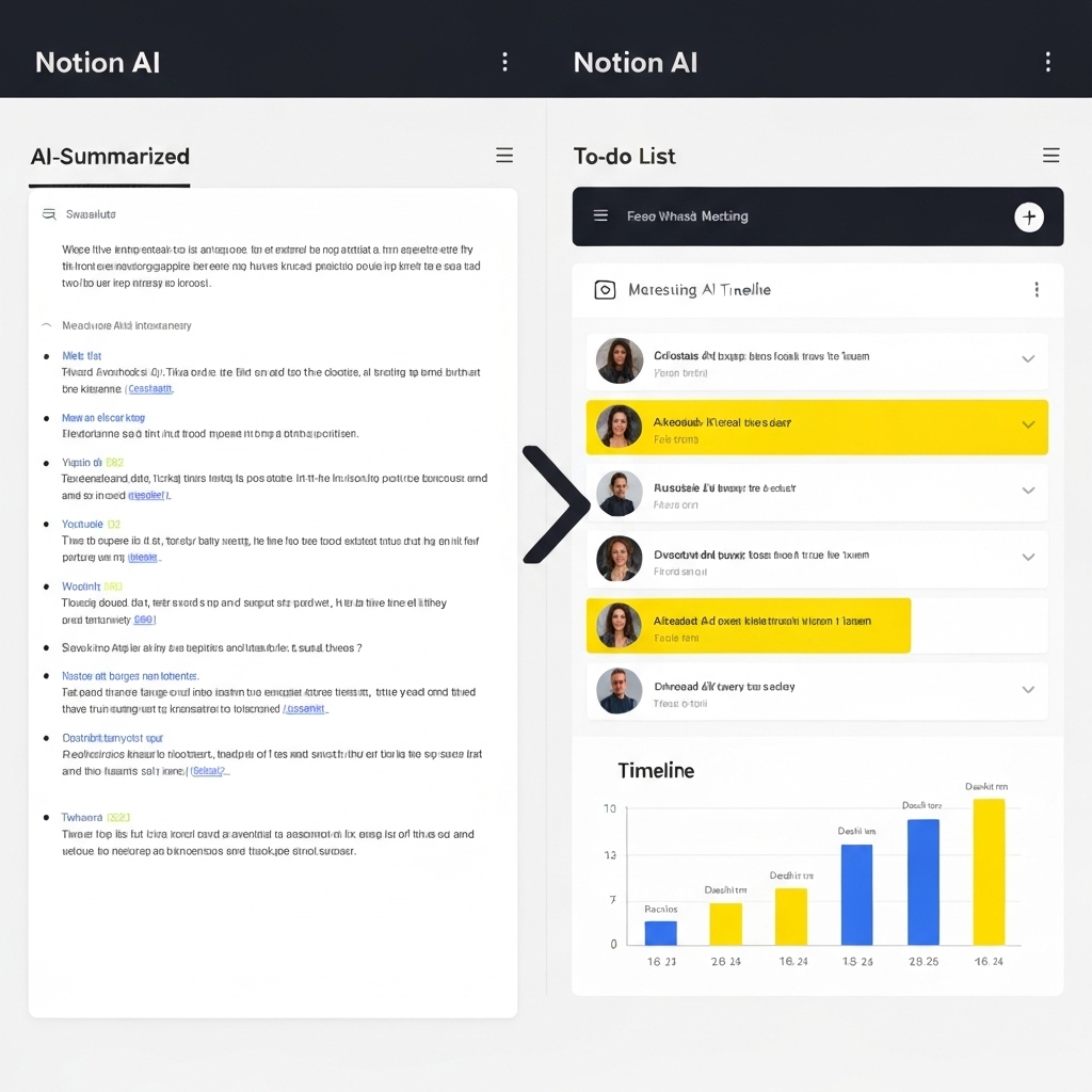 a split-screen view of Notion AI: one side shows a cluttered meeting transcript being summarized, the other displays an automatically generated to-do list and timeline, with AI highlighting key decisions in yellow
