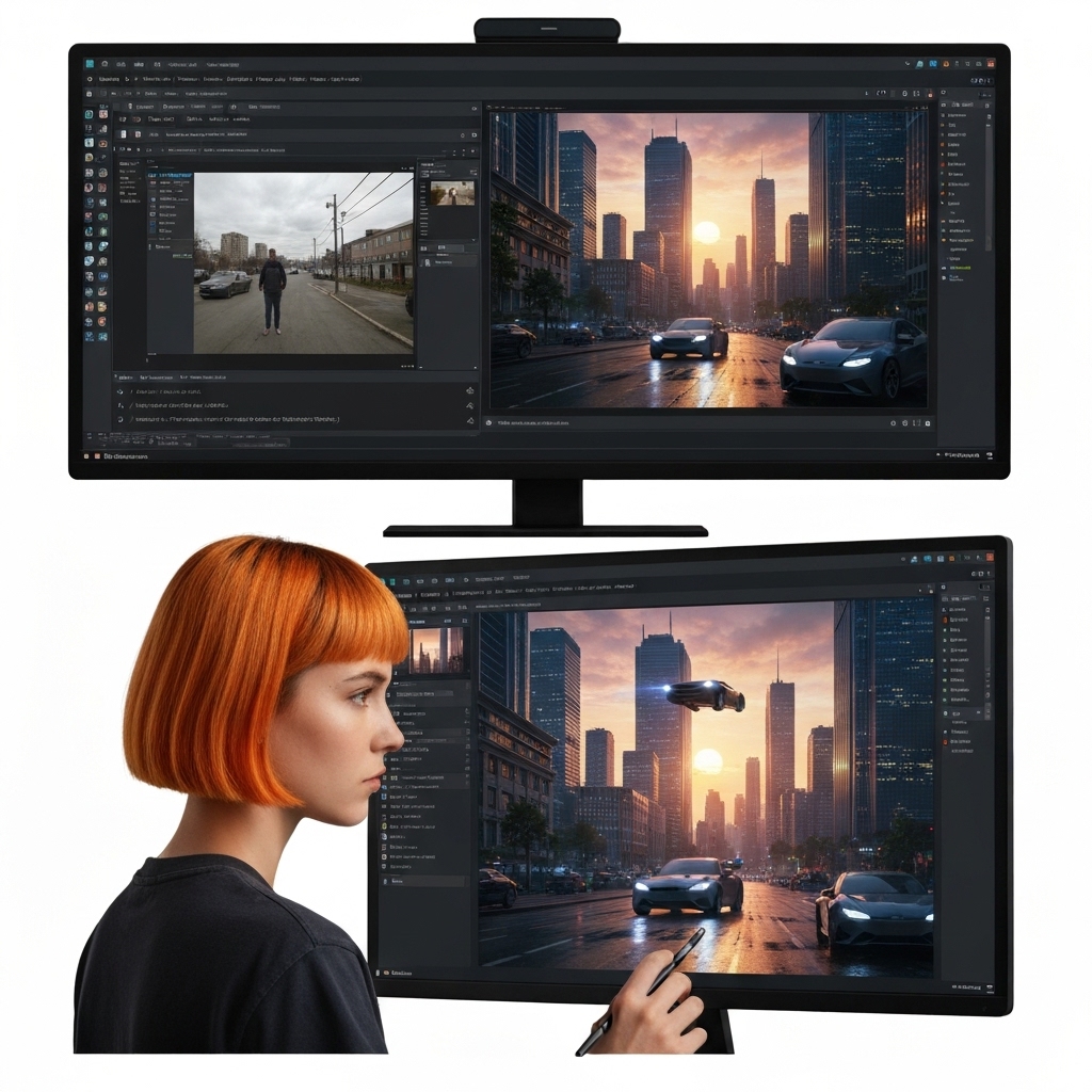 a digital artist using Runway ML on a dual-monitor setup: one screen shows a raw video clip being edited with AI-powered object removal, the other generates a new scene from a text prompt like 'futuristic cityscape at sunset with flying cars'