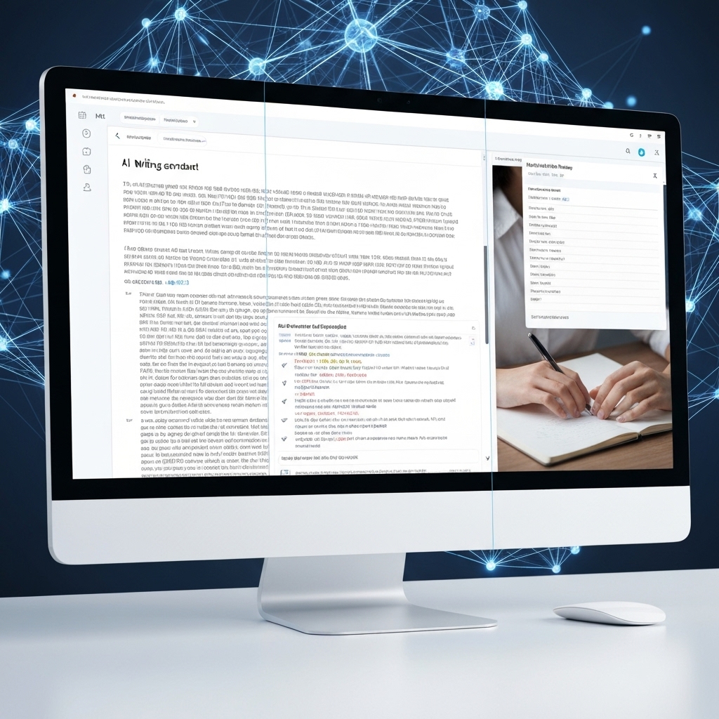 a modern computer screen displaying an AI writing interface with a glowing neural network in the background, showing a split view between machine-generated text and a human typing on a notebook beside it