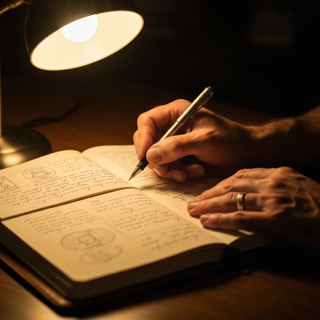 a close-up of a writer's hands holding a pen over a journal filled with handwritten notes, warm lamplight illuminating pages covered in sketches and phrases, symbolizing creativity and personal expression