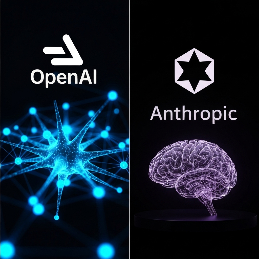 a futuristic split-screen image showing the OpenAI logo on the left with a glowing blue neural network, and the Anthropic logo on the right with a transparent brain-like structure emitting soft purple light, symbolizing AI development