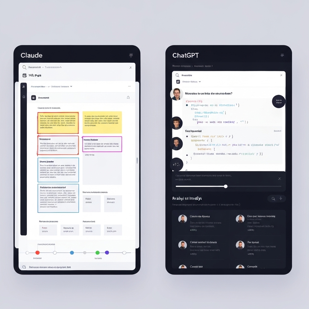 a side-by-side digital interface showing Claude processing a 100-page document with highlighted sections and annotations, while ChatGPT analyzes a medium-length article with code snippets and bullet points
