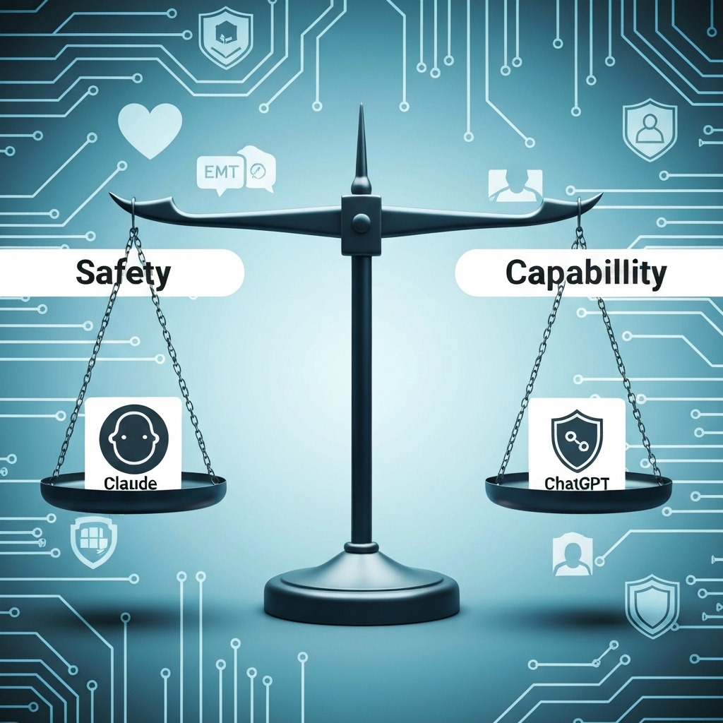 an abstract representation of AI ethics: a balanced scale with 'Safety' and 'Capability' on each side, with small icons of Claude and ChatGPT on the scale, set against a backdrop of digital circuits and ethical symbols