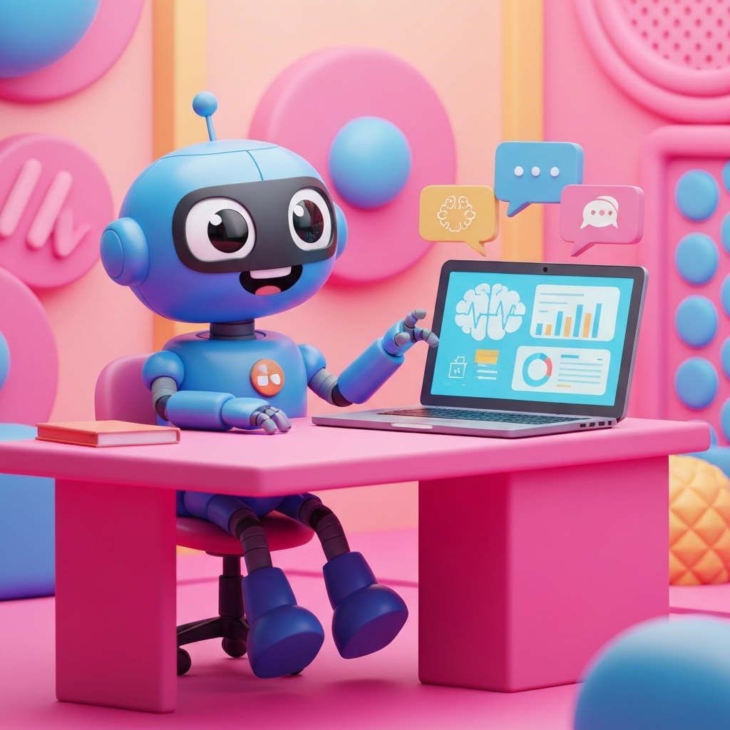 a friendly cartoon-style robot sitting at a desk with a laptop, surrounded by icons representing learning, speech bubbles, brain waves, and data charts, in a bright and welcoming digital environment