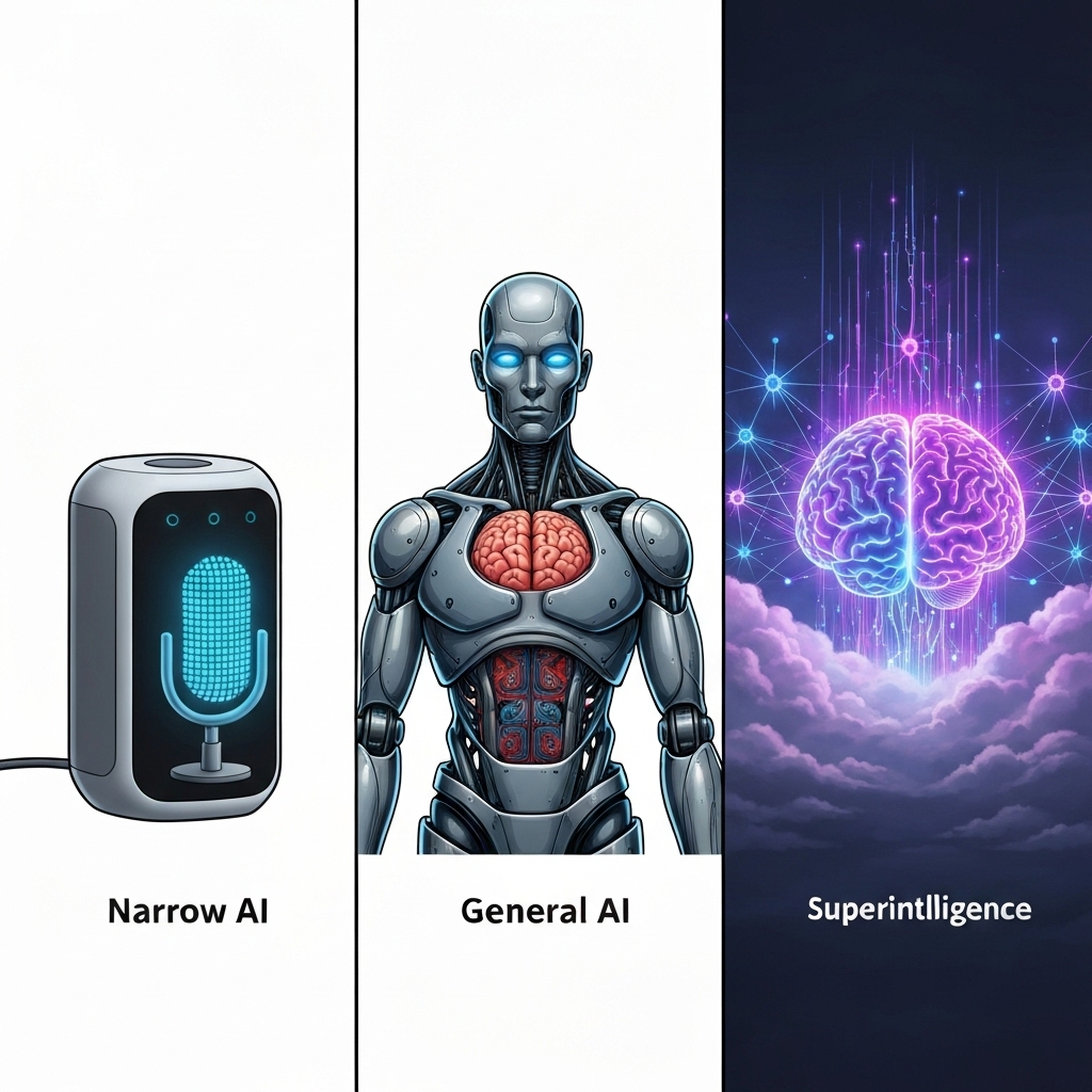an illustrated comparison showing three types of AI: a smart speaker for narrow AI, a humanoid robot with a human-like brain for general AI, and a glowing futuristic brain in the clouds for superintelligence, arranged in ascending complexity