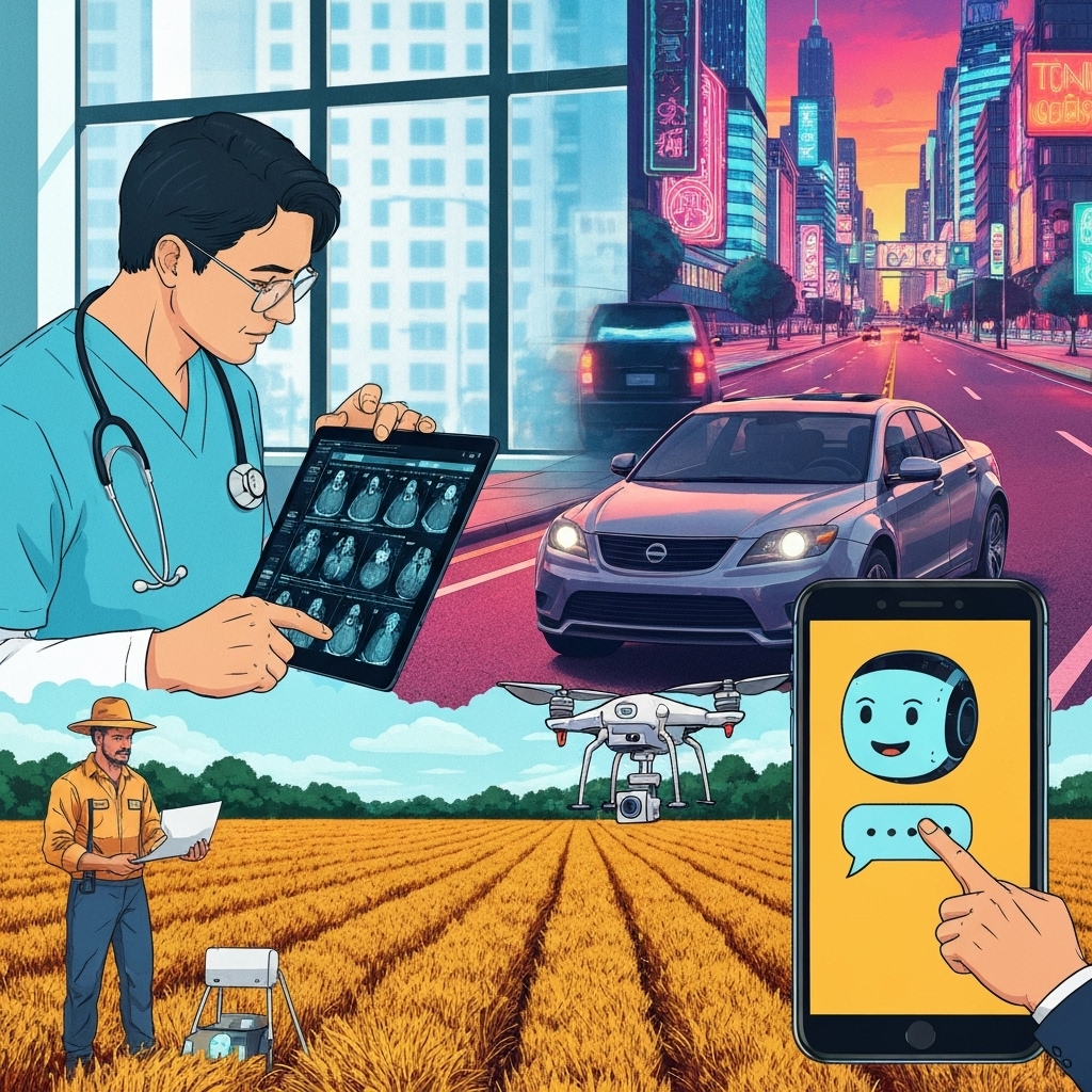 a collage-style digital illustration showing AI applications: a doctor using a tablet with medical scans, a self-driving car on a city street, a farmer with a drone over a field, and a customer chatting with a chatbot on a smartphone