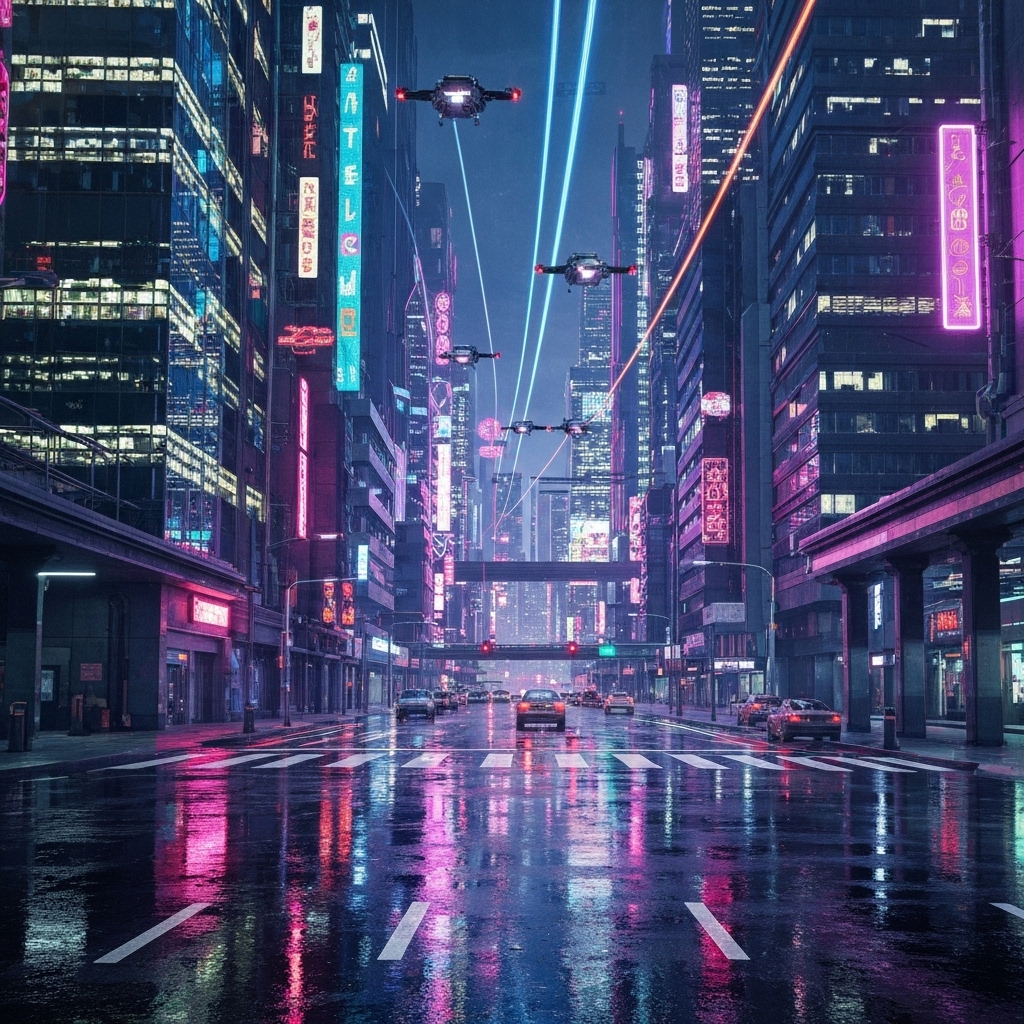 a futuristic digital artwork generated by Leonardo.Ai showing a cyberpunk cityscape at night with neon lights, flying vehicles, and reflective wet streets, rendered in high detail and vibrant colors