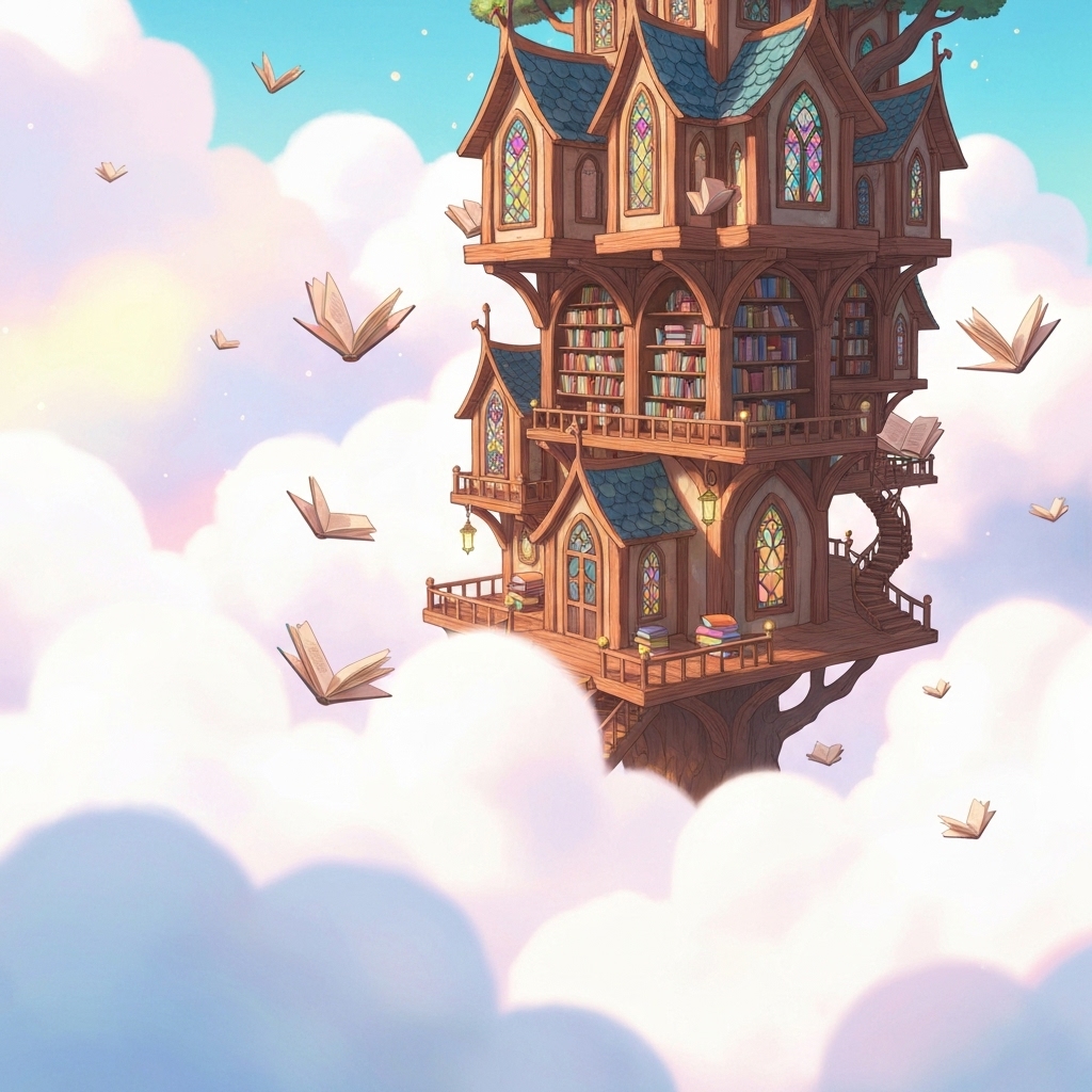 a whimsical illustration of a treehouse library floating among clouds, created using Bing Image Creator, with soft lighting, fantasy-style architecture, and books flying around like birds