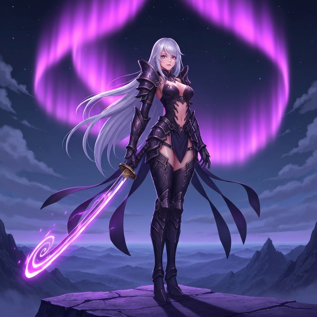 a fantasy anime-style warrior woman standing on a cliff under a purple aurora sky, generated by SeaArt.AI, with intricate armor design, flowing hair, and dramatic lighting