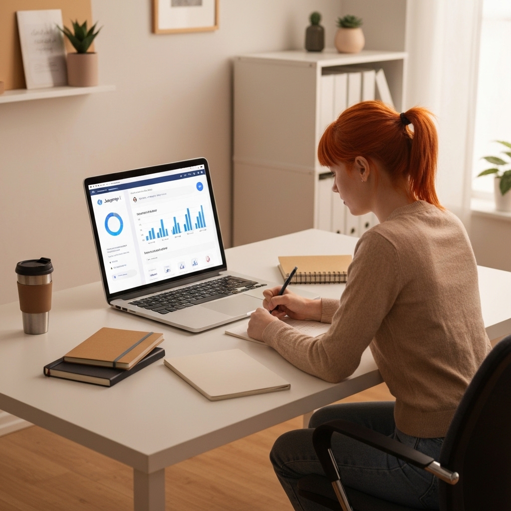 a modern digital workspace showing the Jasper AI dashboard on a laptop screen, with a user typing into a blog post editor, surrounded by notebooks and a coffee cup in a minimalist home office