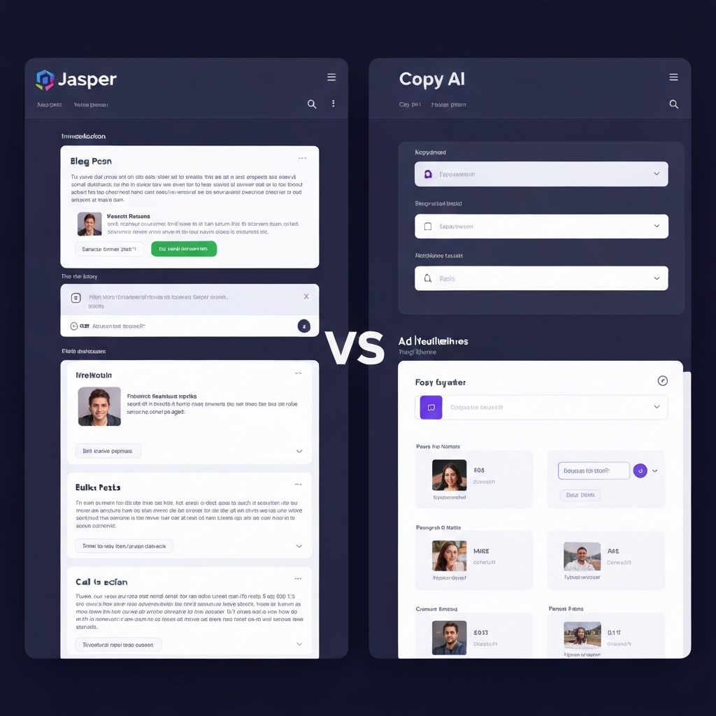 split-screen comparison of Jasper AI and Copy AI interfaces: left side shows Jasper's blog post generator with multiple sections; right side shows Copy AI's simple form for generating ad headlines and taglines