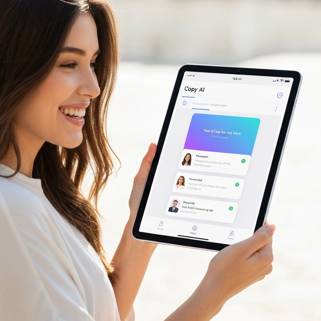 a person smiling while using a tablet showing the Copy AI app with bright, clean UI and instant copy suggestions appearing after a simple text input