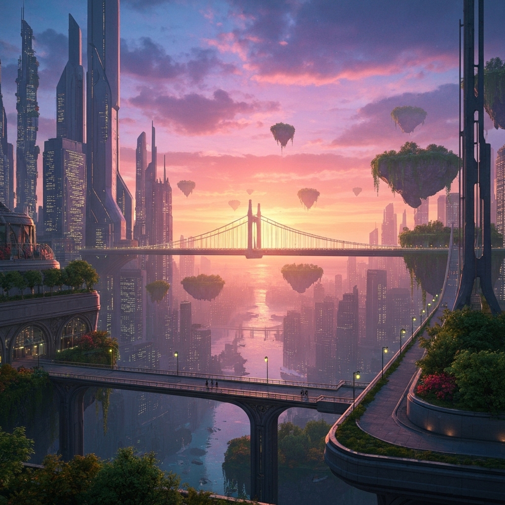 a digital artwork generated by MidJourney showing a futuristic cityscape at sunset with floating gardens, glowing bridges, and soft cinematic lighting, rendered in a hyper-detailed fantasy art style