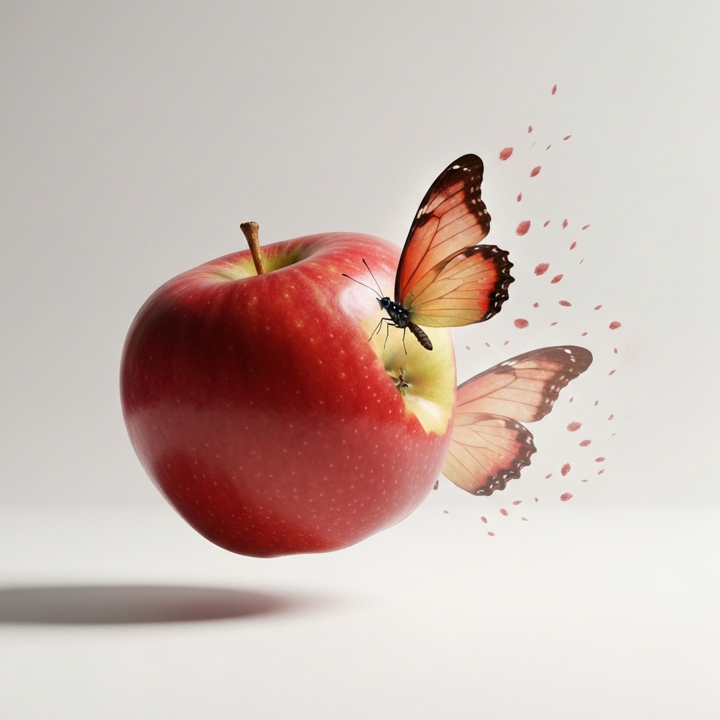 a photorealistic image created by DALL·E showing a red apple transforming into a butterfly mid-air, with crisp details, natural lighting, and a white studio background