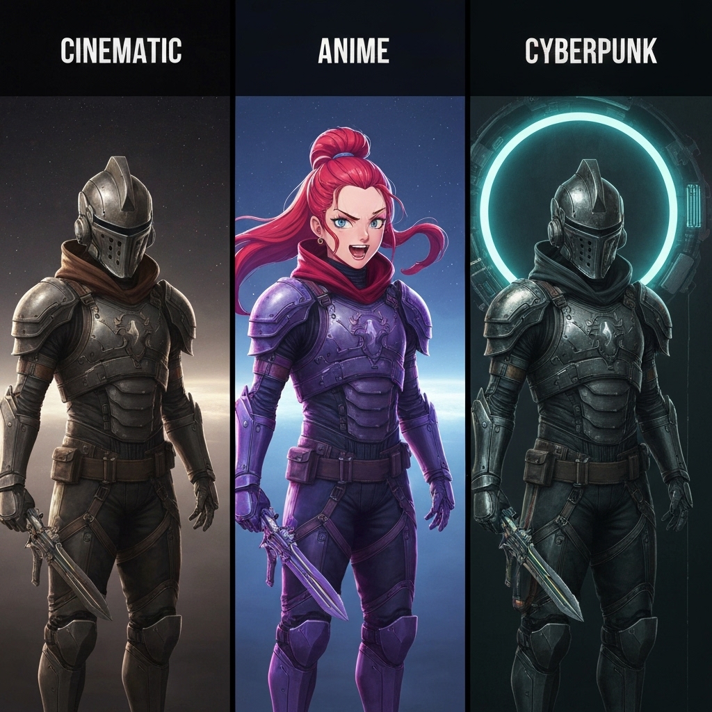 a side-by-side comparison of three AI-generated portraits of a knight in futuristic armor, each styled differently using Stable Diffusion with labels showing 'Cinematic,' 'Anime,' and 'Cyberpunk' styles