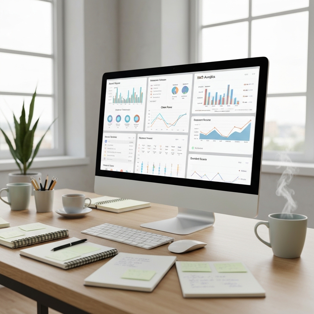 a modern digital workspace showing a computer screen with multiple SEO analytics dashboards open, including keyword graphs, content scores, and backlink maps, surrounded by coffee and notepads