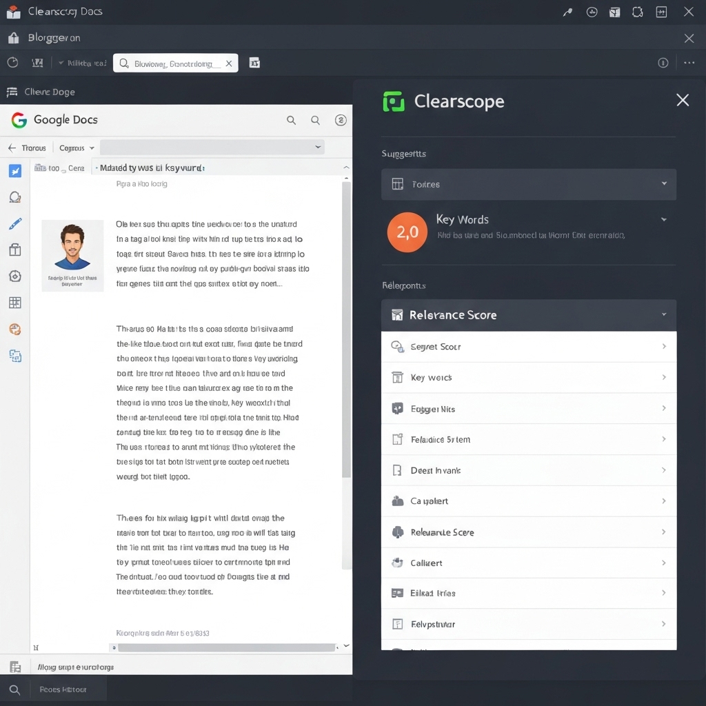 a split-screen image showing Clearscope interface analyzing a blog post in Google Docs, with keyword suggestions and a relevance score displayed prominently on the right side