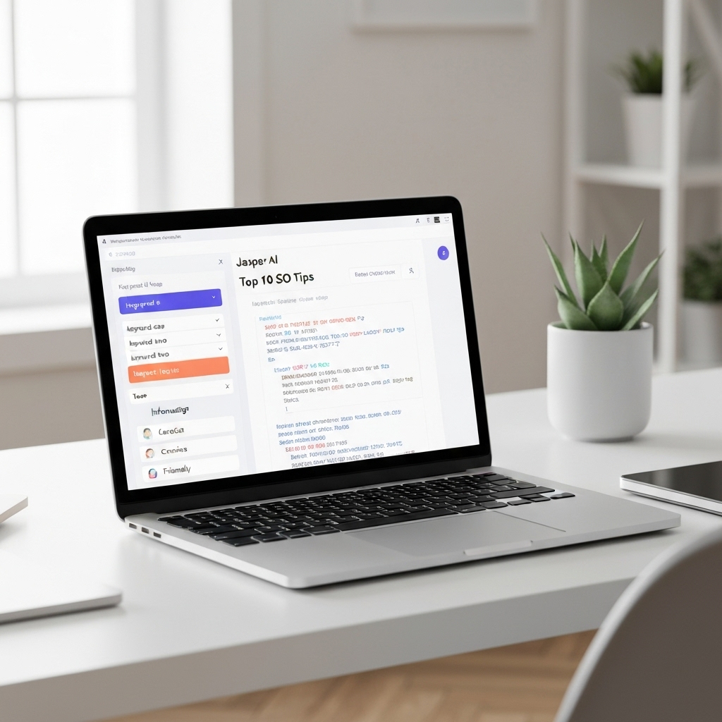 a creative workspace with a laptop showing Jasper AI generating a blog section titled 'Top 10 SEO Tips', with keyword tags and tone settings visible on the sidebar