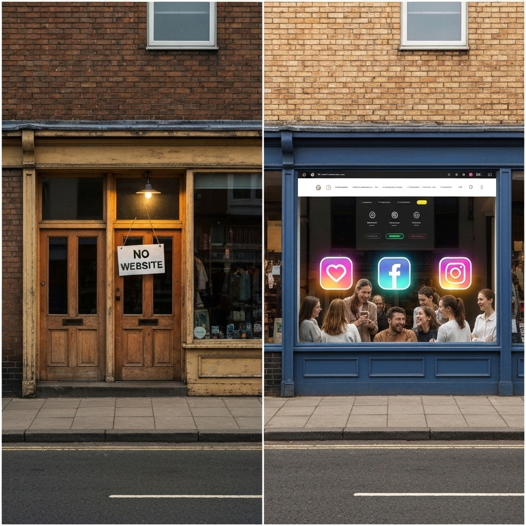 Webdesign & Online Marketing liilweb-solution two contrasting scenes side by side: on the left, a small shop with a 'No Website' sign and empty street; on the right, the same shop with a vibrant website on display, customers visiting, and social media icons glowing