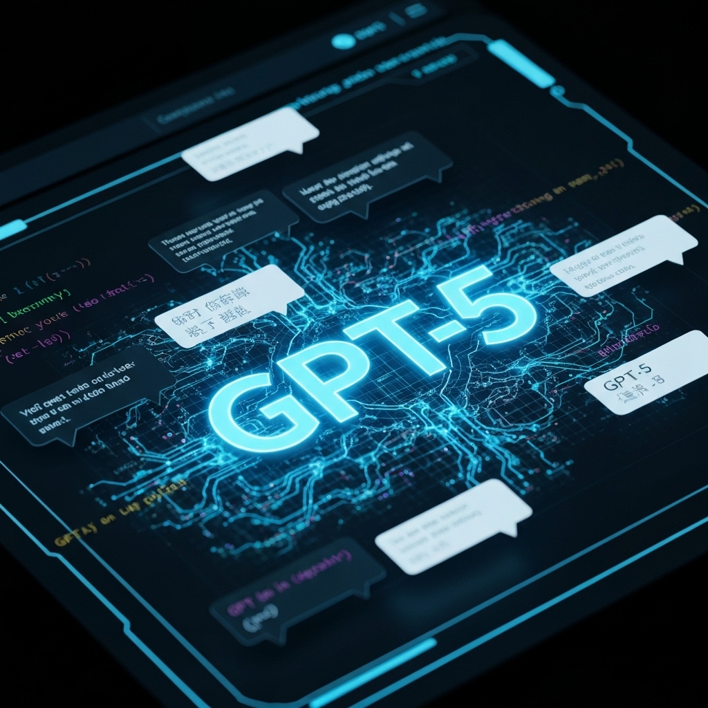 a futuristic digital interface showing the GPT-5 logo with flowing neural network animations, surrounded by floating text bubbles representing multilingual conversations and code snippets