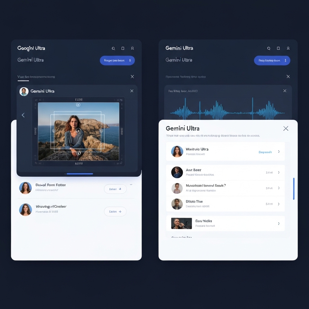 a split-screen visualization of Google Gemini Ultra analyzing a photo, transcribing speech, and answering a query with search results, all within a sleek, minimalist interface using Google's color palette