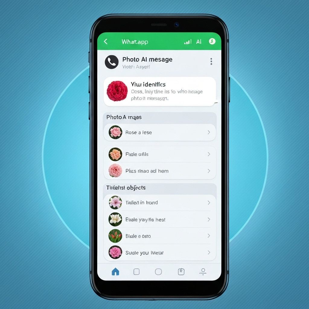 a smartphone screen showing Meta AI responding to a user's photo message in WhatsApp, identifying objects in the image and suggesting captions, with a soft blue AI glow around the interface