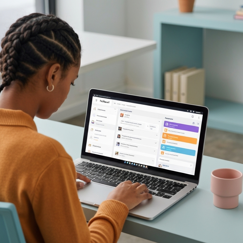 a student using Notion AI on a laptop, with a split screen showing a database of class schedules, AI-generated study notes, and a Kanban board for assignments in a modern, minimalist workspace