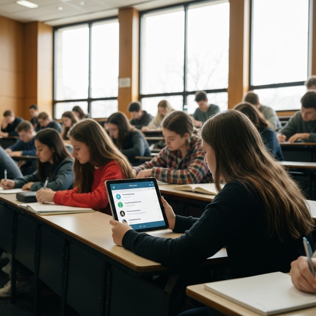 a college lecture hall where a student quietly records the professor speaking, with Otter.ai interface visible on a tablet showing live transcription and speaker identification