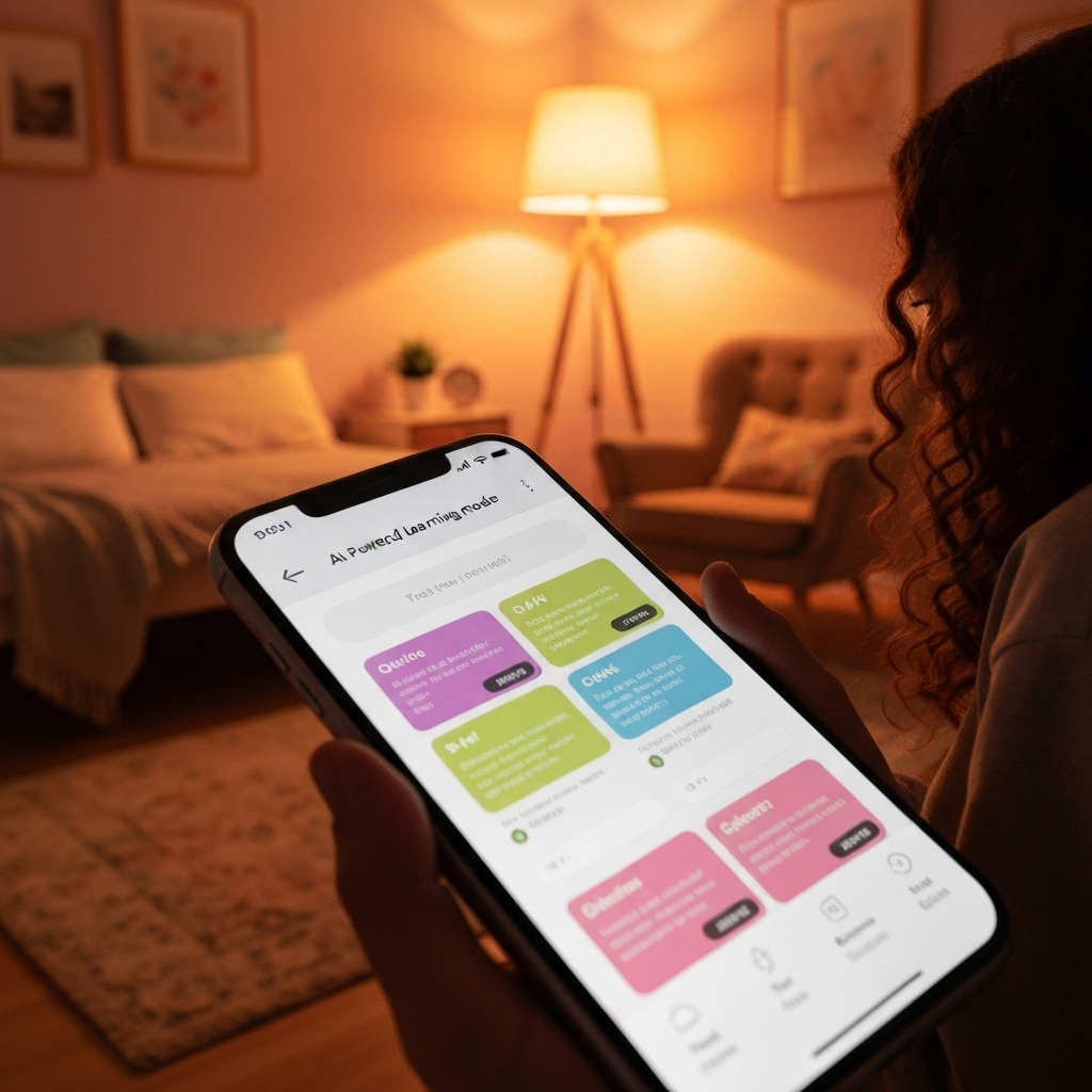 a close-up of a smartphone screen displaying Quizlet’s AI-powered learning mode, with a student reviewing flashcards in a cozy bedroom lit by warm evening light