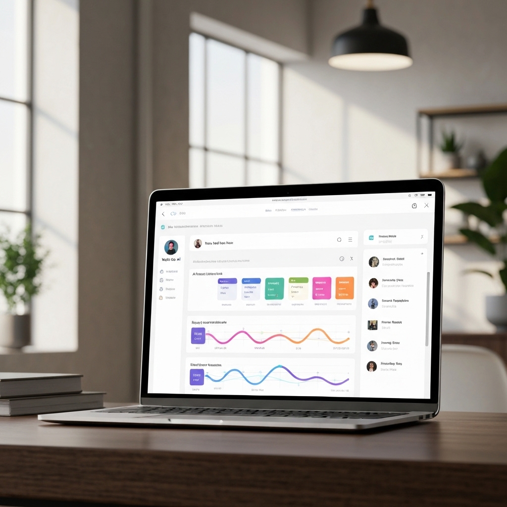 a modern digital workspace showing a laptop screen with Notion AI interface open, displaying a clean dashboard with AI-generated to-do lists, project timelines, and a sidebar with smart templates