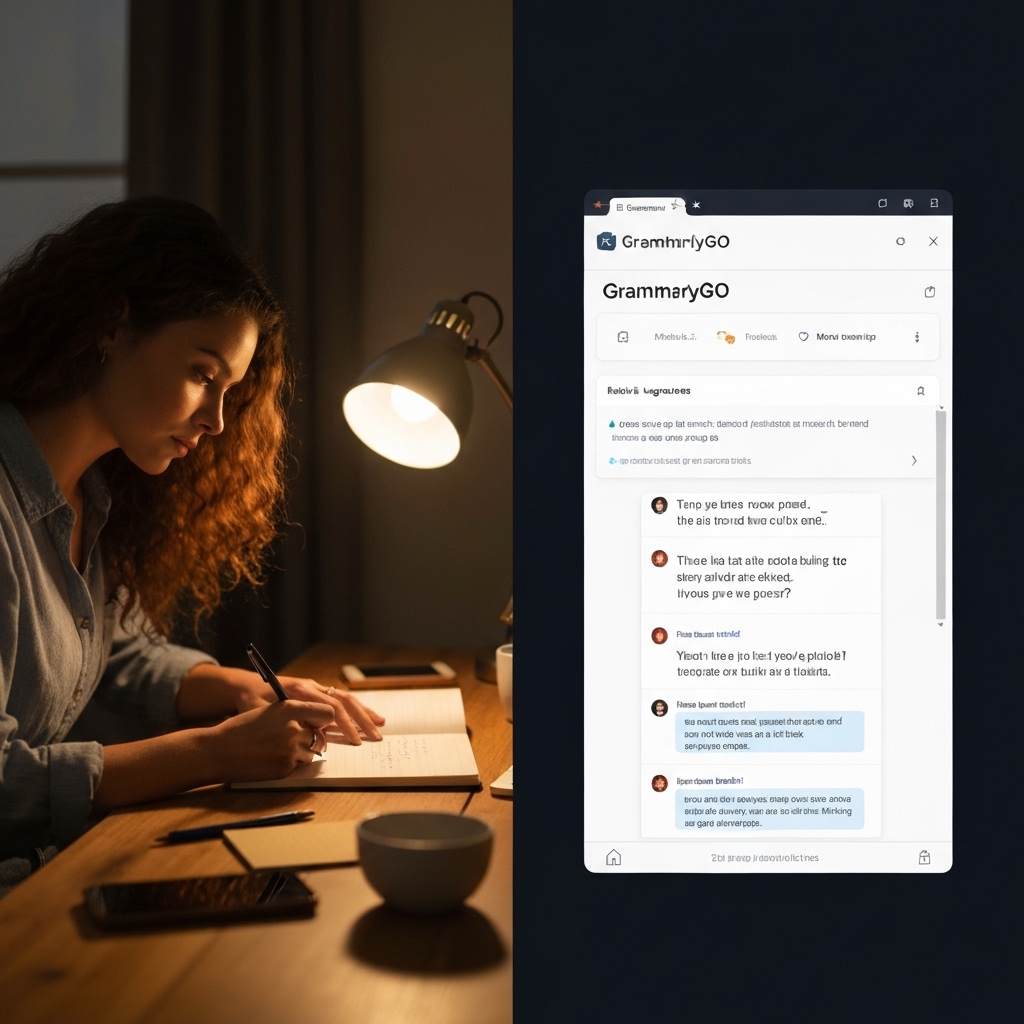 a split-screen view showing a writer typing on a notebook while GrammarlyGO suggests rephrased sentences and tone improvements in a browser window; warm lighting and a minimalist desk setup