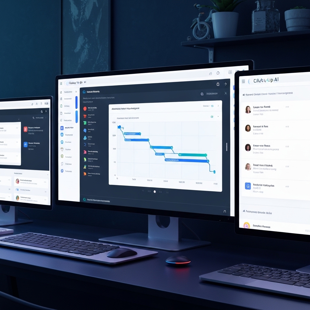 a dynamic view of the ClickUp AI dashboard on multiple screens, showing automated task assignments, AI-generated summaries, and a Gantt chart updating in real time