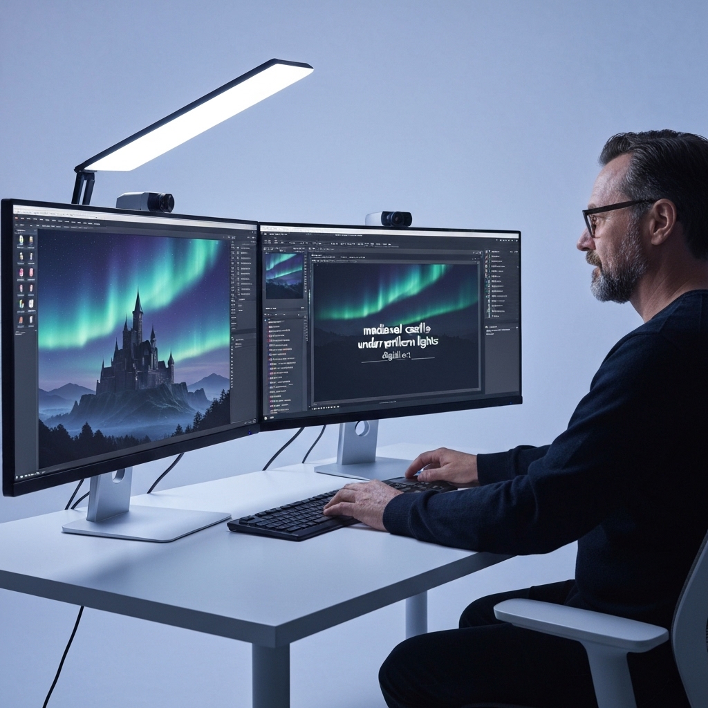 a digital artist sitting at a modern desk with a dual-monitor setup, one screen showing an AI-generated fantasy landscape, the other displaying a text prompt like 'medieval castle under northern lights, digital art', soft studio lighting, futuristic ambiance