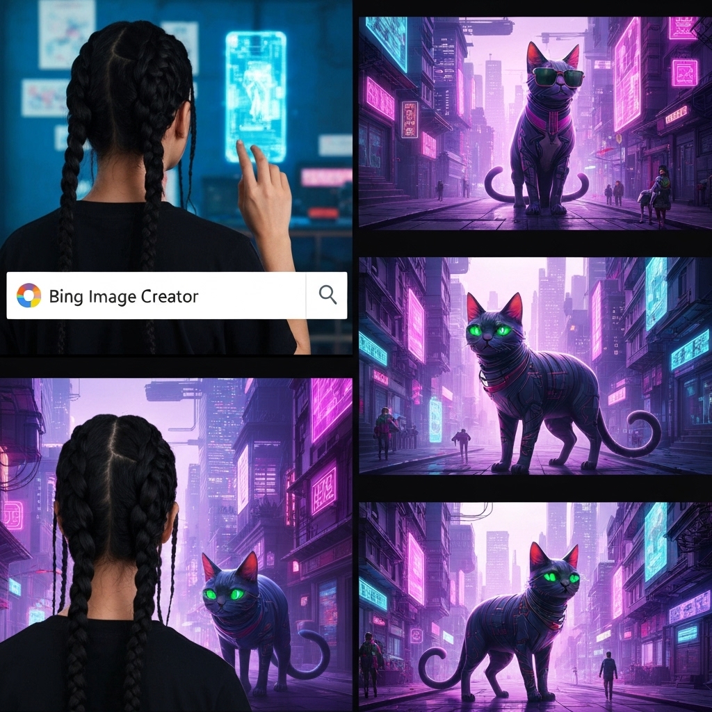 a split-screen view: left side shows a person typing a prompt 'a cyberpunk cat wearing sunglasses, neon city background' into Bing Image Creator; right side displays four generated AI images of stylized cats in a futuristic cityscape, glowing purple and blue lights