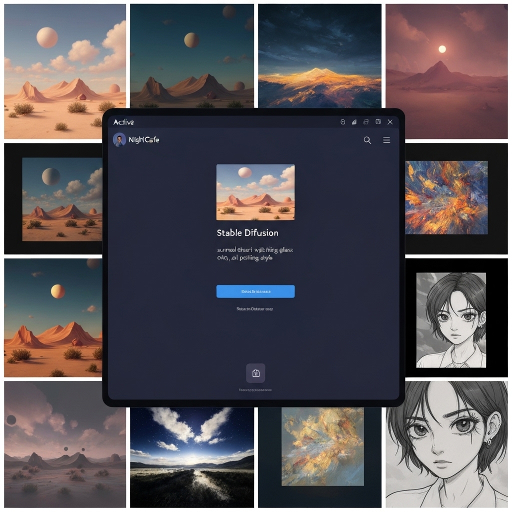 a collage-style image showing the NightCafe Studio interface with a user selecting 'Stable Diffusion' and entering the prompt 'surreal desert with floating glass orbs, oil painting style'; surrounding the screen are example outputs in various art styles